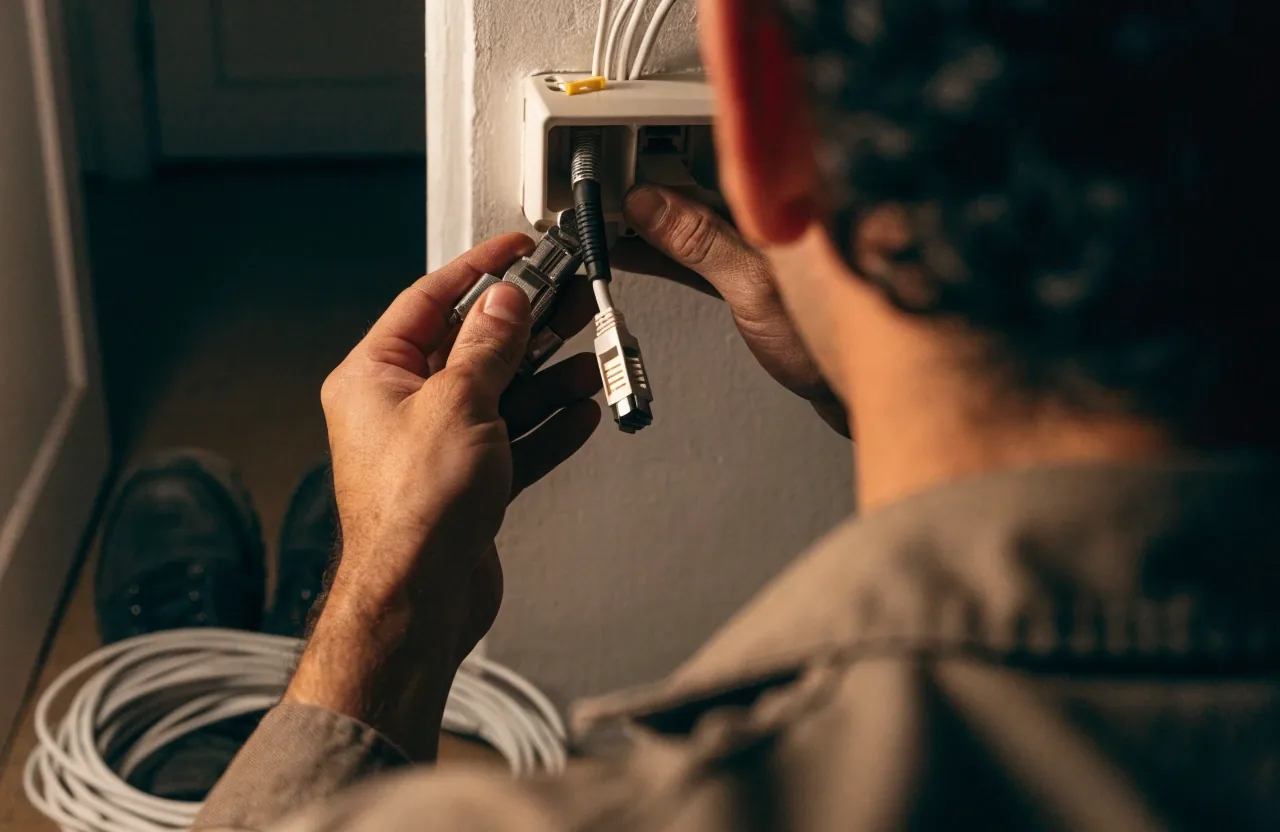 Over-the-shoulder view of a technician's hands working at a wall plate where a coaxial cable and Ethernet run meet