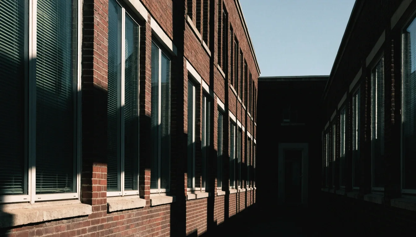 Brick facade of the Brooklyn office building at midday, blinds and window frames catching hard light
