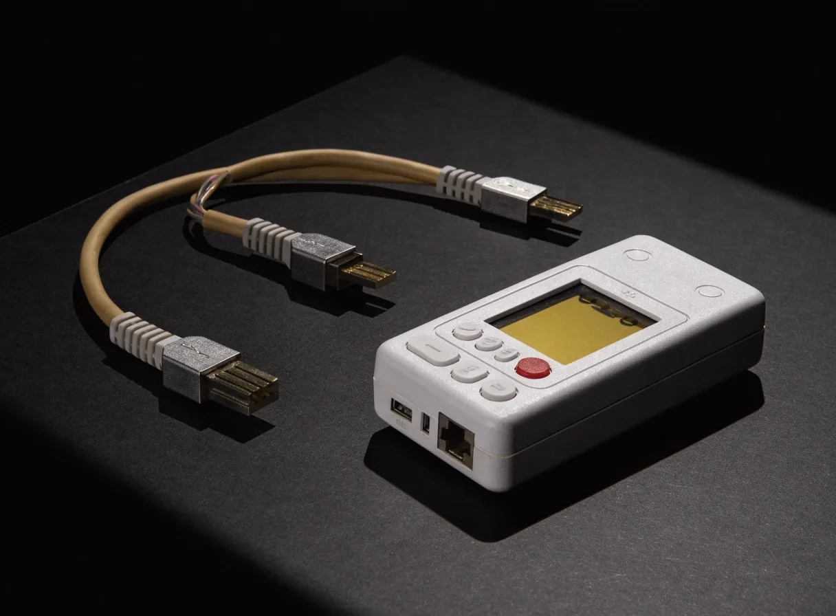 Cable tester and short Ethernet patch cord laid out on a dark matte surface under hard overhead light