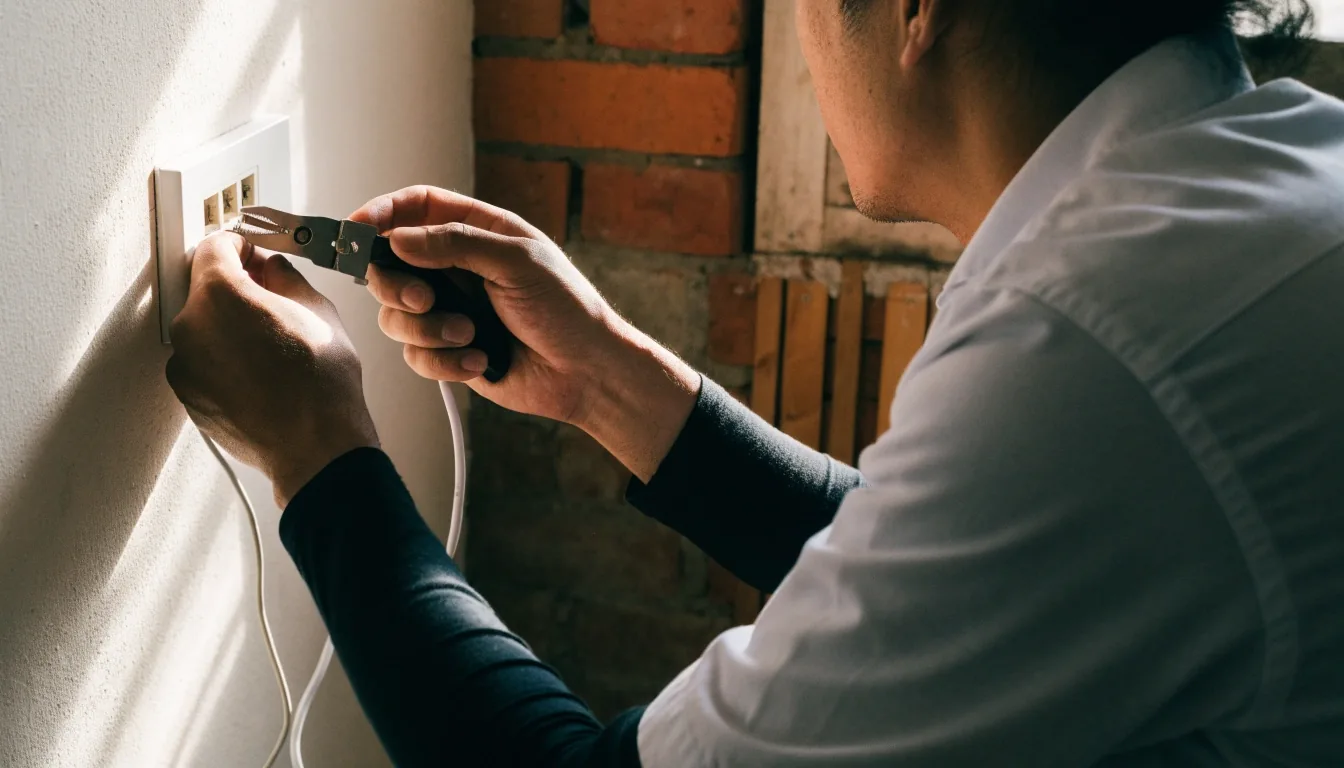 Technician working at a wall network outlet in a Brooklyn apartment, hands and tools in focus