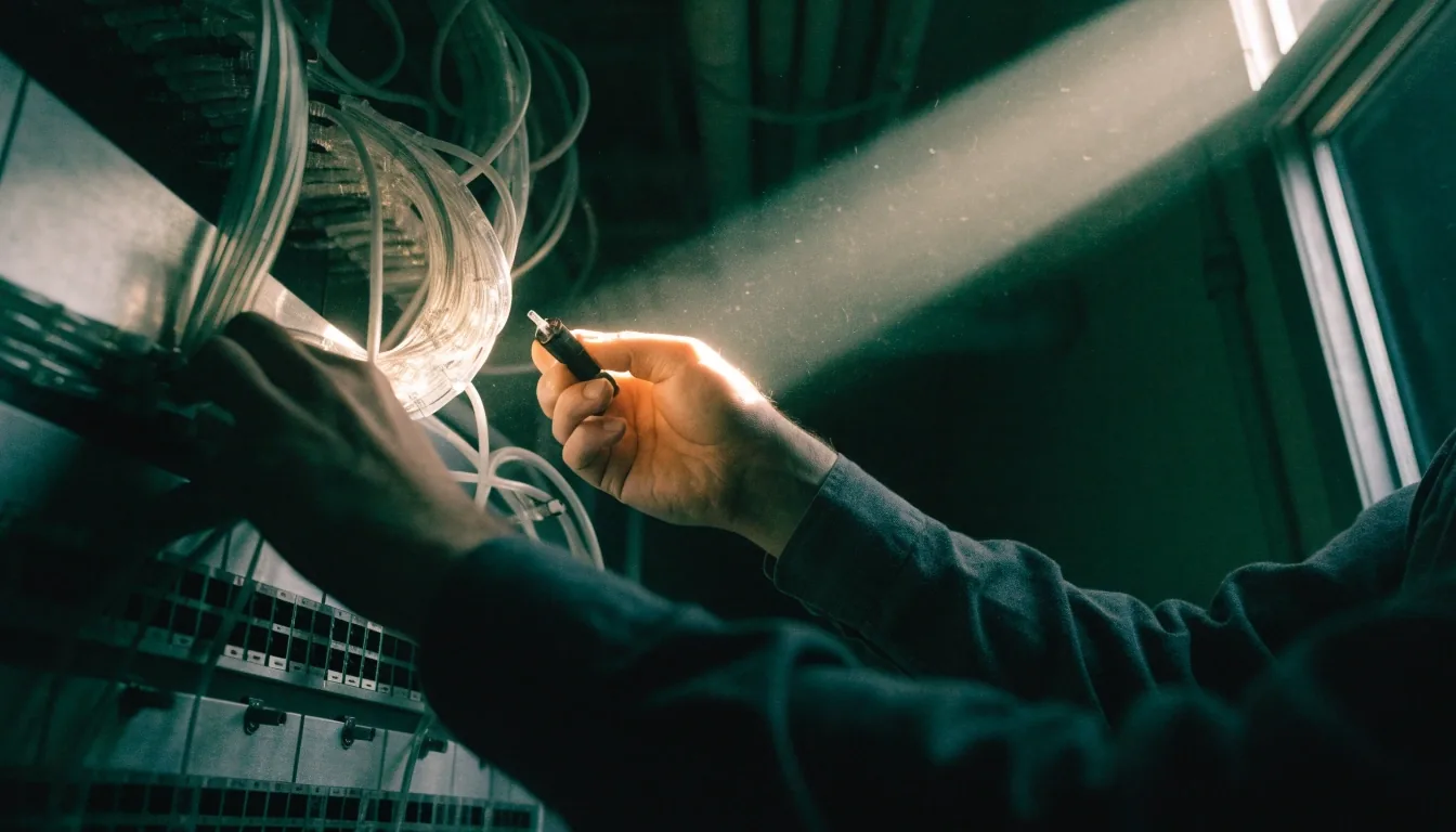 Hands testing a fiber connector at a wall panel in a dim utility room