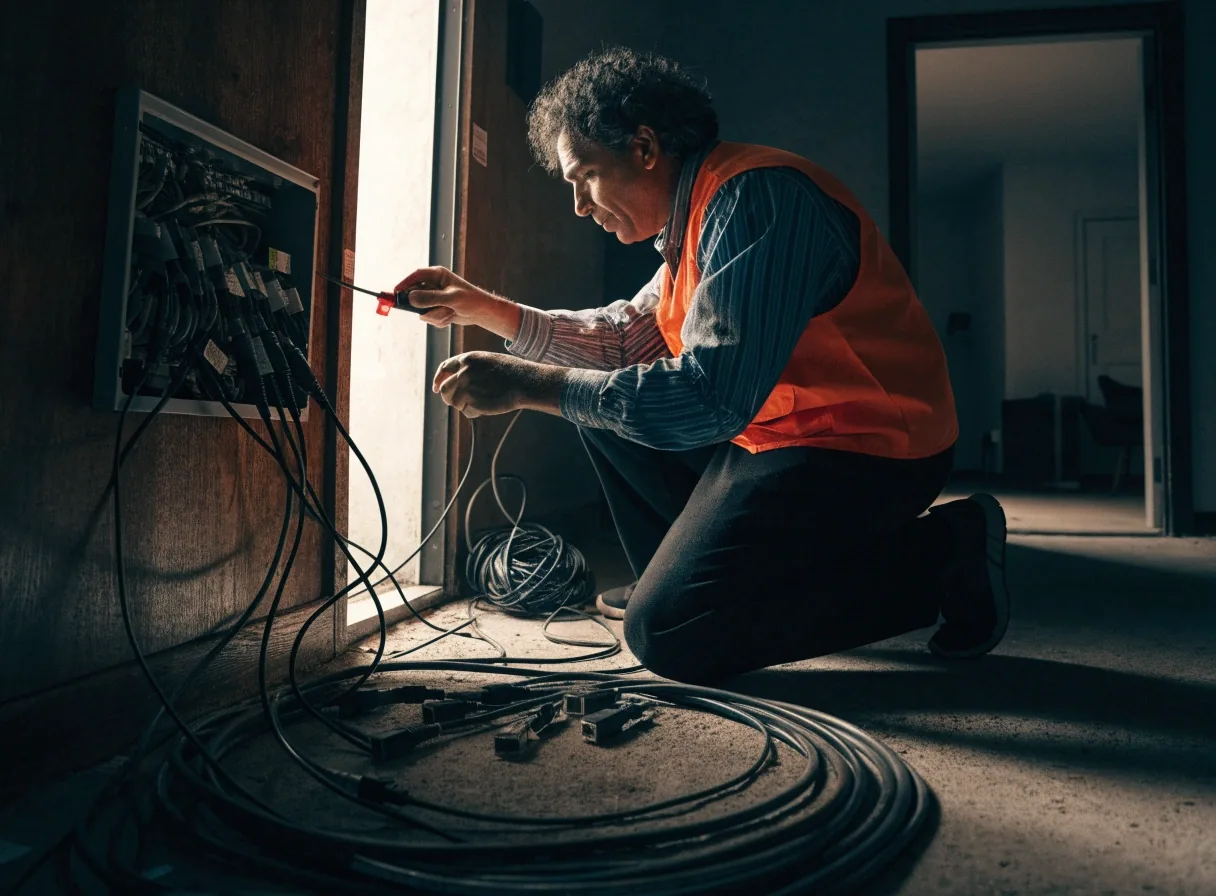Technician working at a wall plate in an apartment hallway