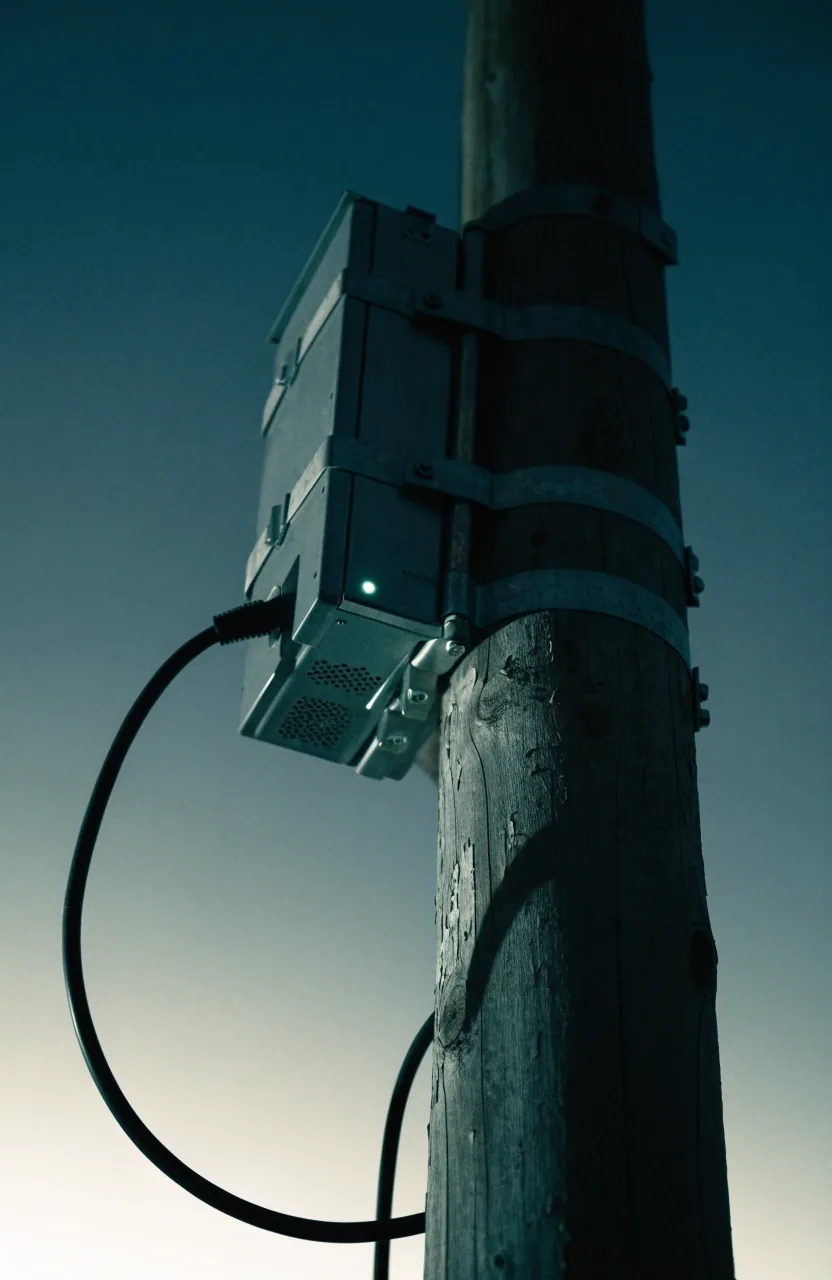 Utility pole and cable run against a dusk sky