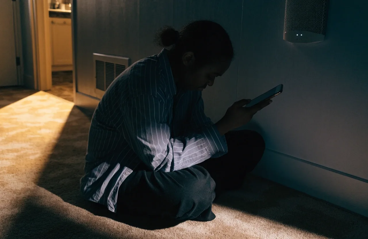 A home router front panel in a dim room, indicator lights the only color