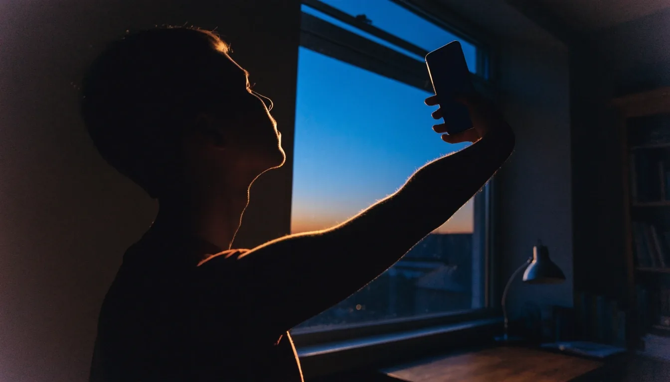 A person holding a phone up near a window wall to check a home connection, screen turned away from the camera