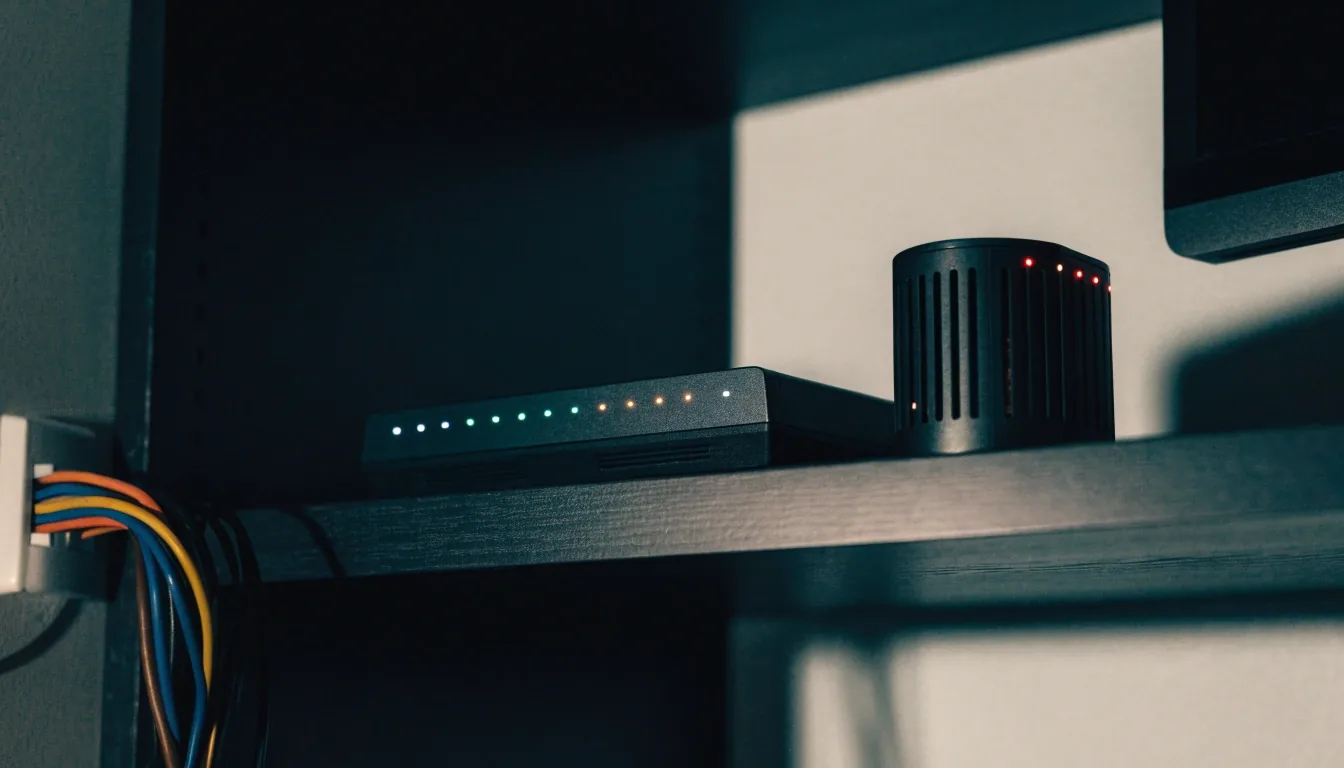 A dark home office shelf with a modem and router lit only by their indicator lights, cables running to a wall jack