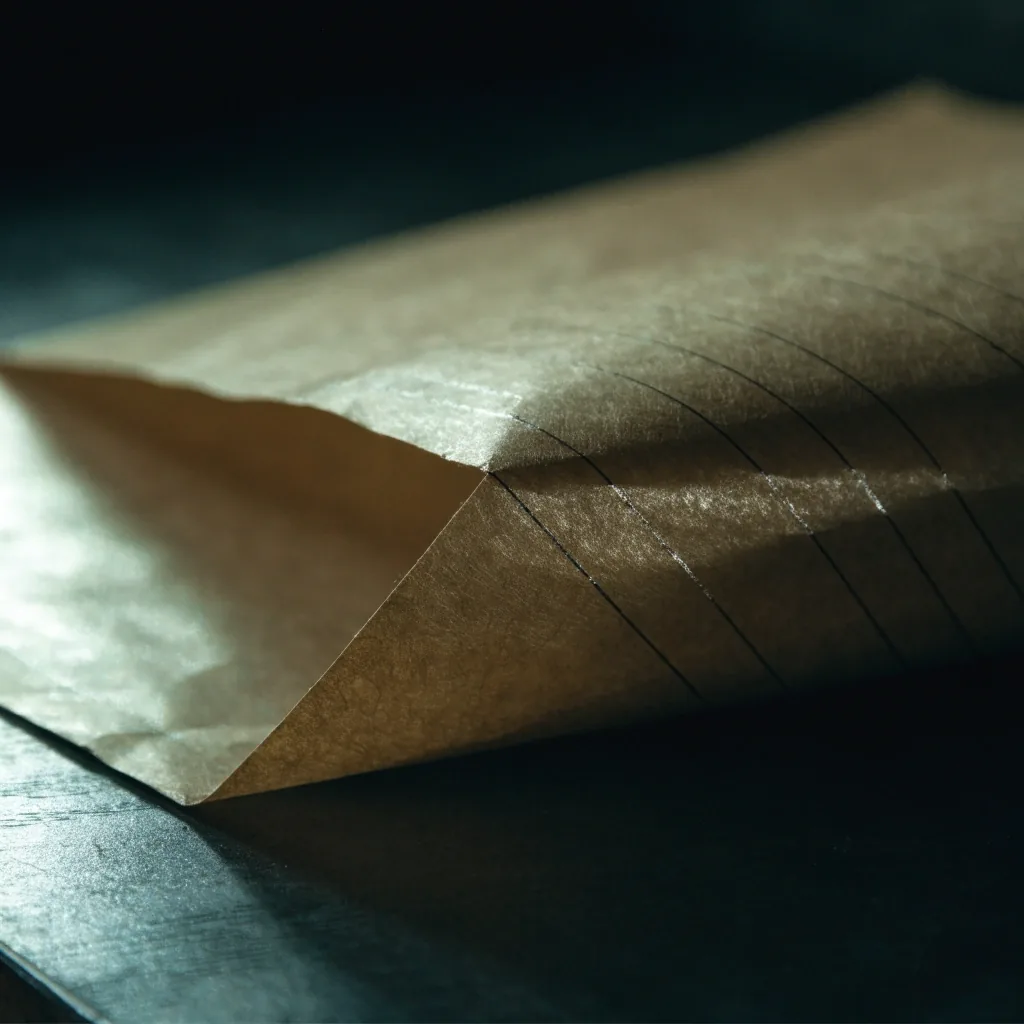 Macro of a folded paper edge with fine printed hairline rules crossing it at a shallow angle in hard side light