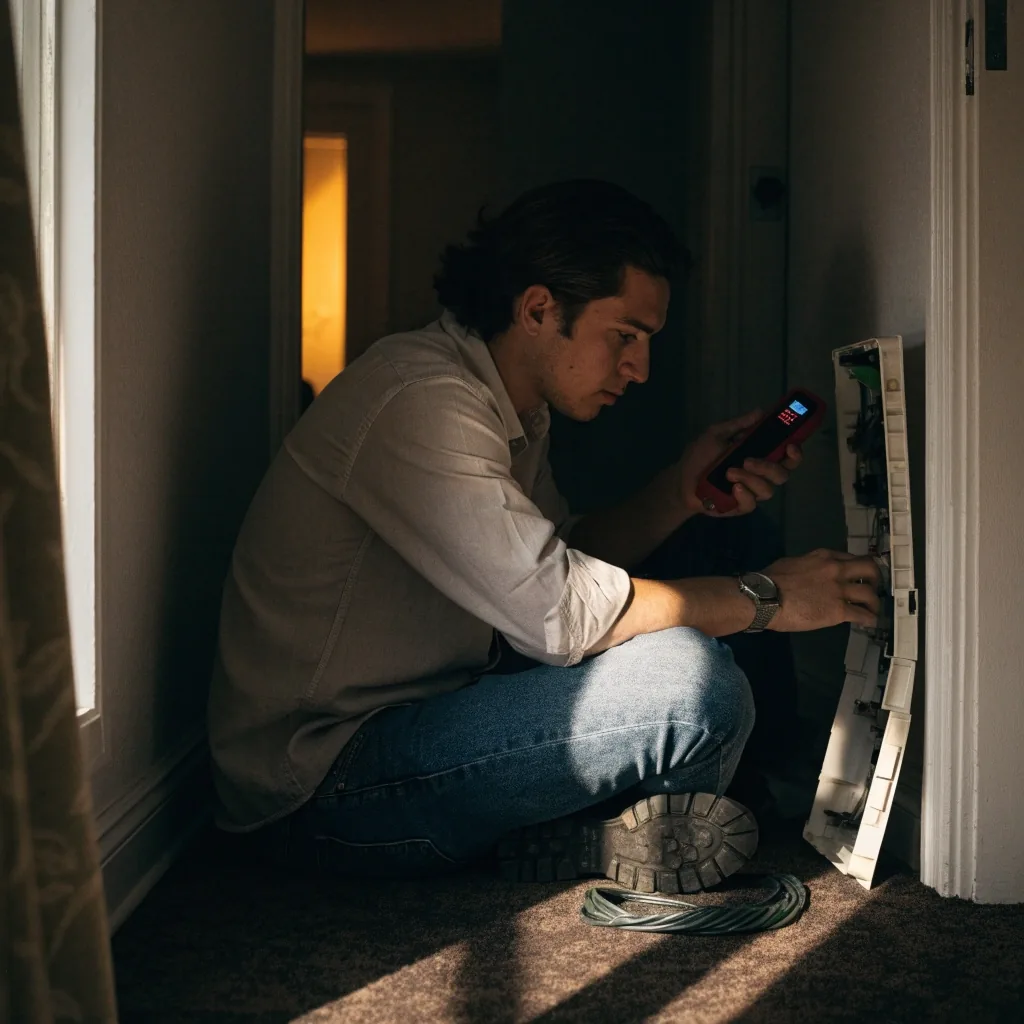 Router antenna field in a dark room with small indicator lights as the only color under a hard side light