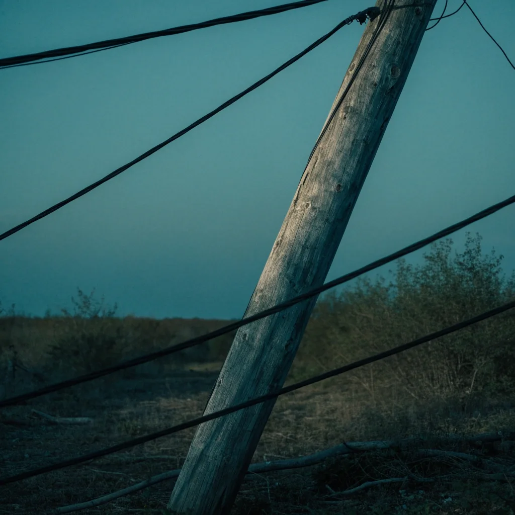 Utility pole with cables crossing a dusk sky above low rural ground