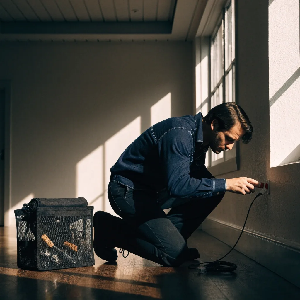 A folded paper sheet taped to an indoor wall under hard raking light through blinds