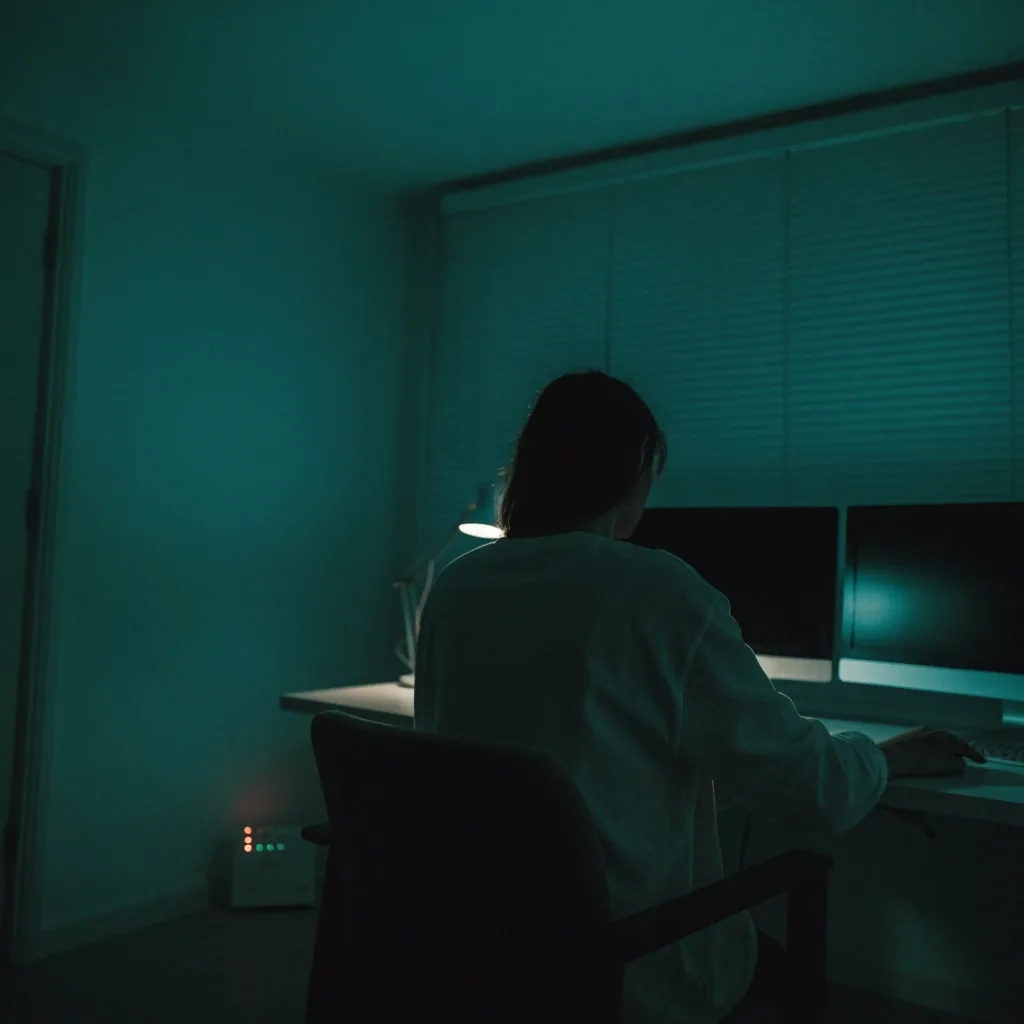 A visitor at a dark home desk with unlit monitors and a router glowing across the room