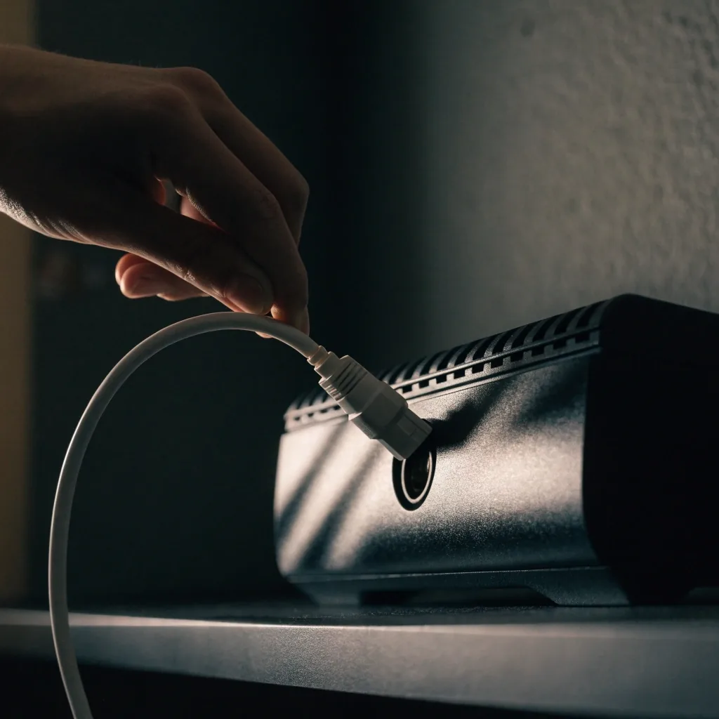 A hand reseating a coaxial cable behind a home router on a dark shelf at night