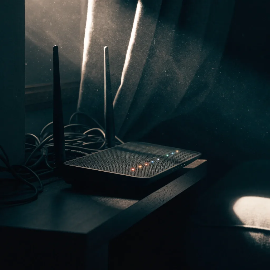 A mesh router on a shelf in a dim living room with only its indicator lights glowing