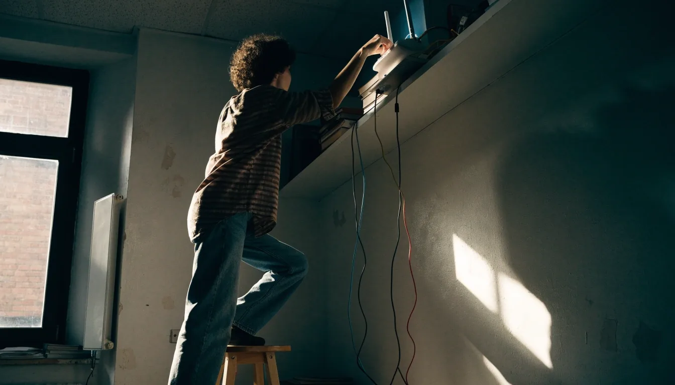 A phone held toward a bright window while a Wi-Fi speed test runs on a home connection